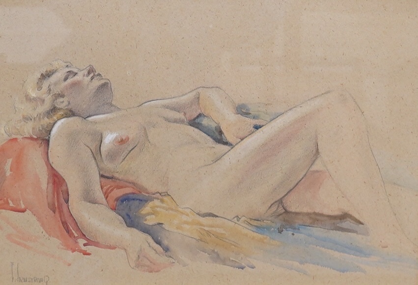 F Armstrong, pencil and watercolour, Study of a reclining nude woman, signed, 29 x 42cm. Condition - good